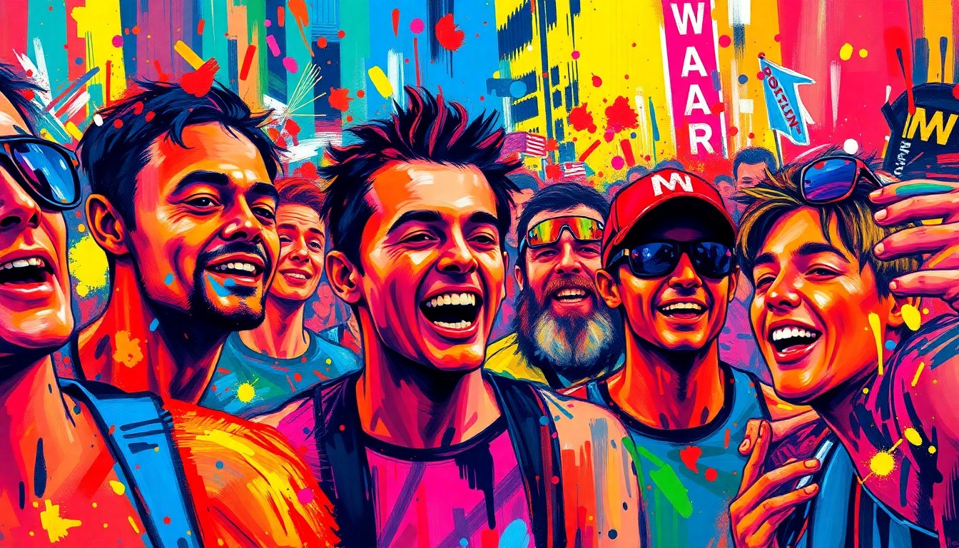 An abstract, expressionist painting in neon colors, with rapid brushstrokes and dissolving details, conveying the dynamic energy and celebratory atmosphere of the Boston Marathon fan festival.