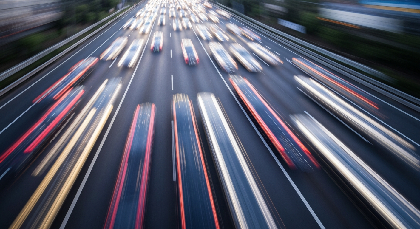 An abstract, colorful image with sweeping, blurred lines representing the motion and energy of a busy highway scene.