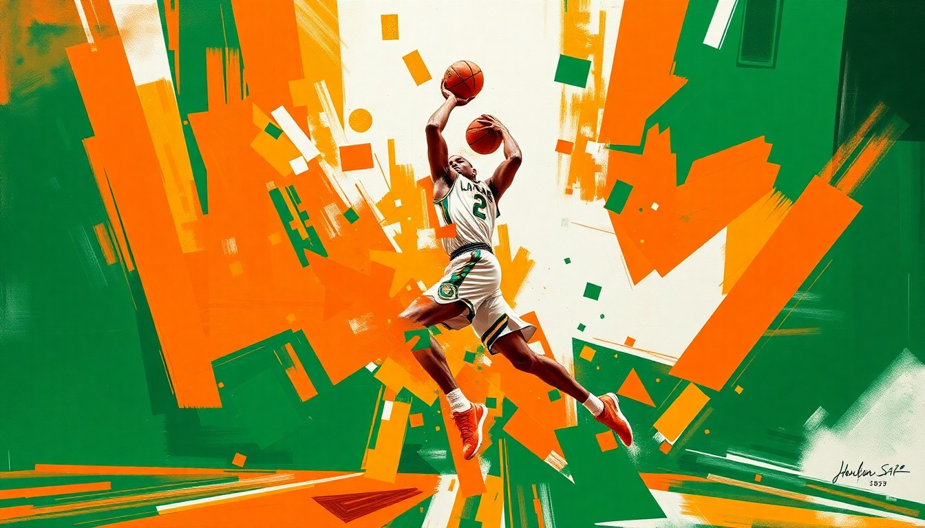 A fractured, geometric painting in vibrant shades of orange, green, and white, depicting the overlapping movements and perspectives of a basketball player in motion, conveying the dynamic energy of a college basketball transfer joining a new team.