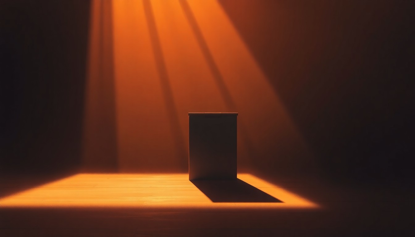 A photorealistic painting of a lone ballot box sitting on a city street, the box's metallic surface reflecting the warm glow of the afternoon sun and the deep shadows of surrounding buildings, conveying a sense of the high stakes and fragility of the democratic process.