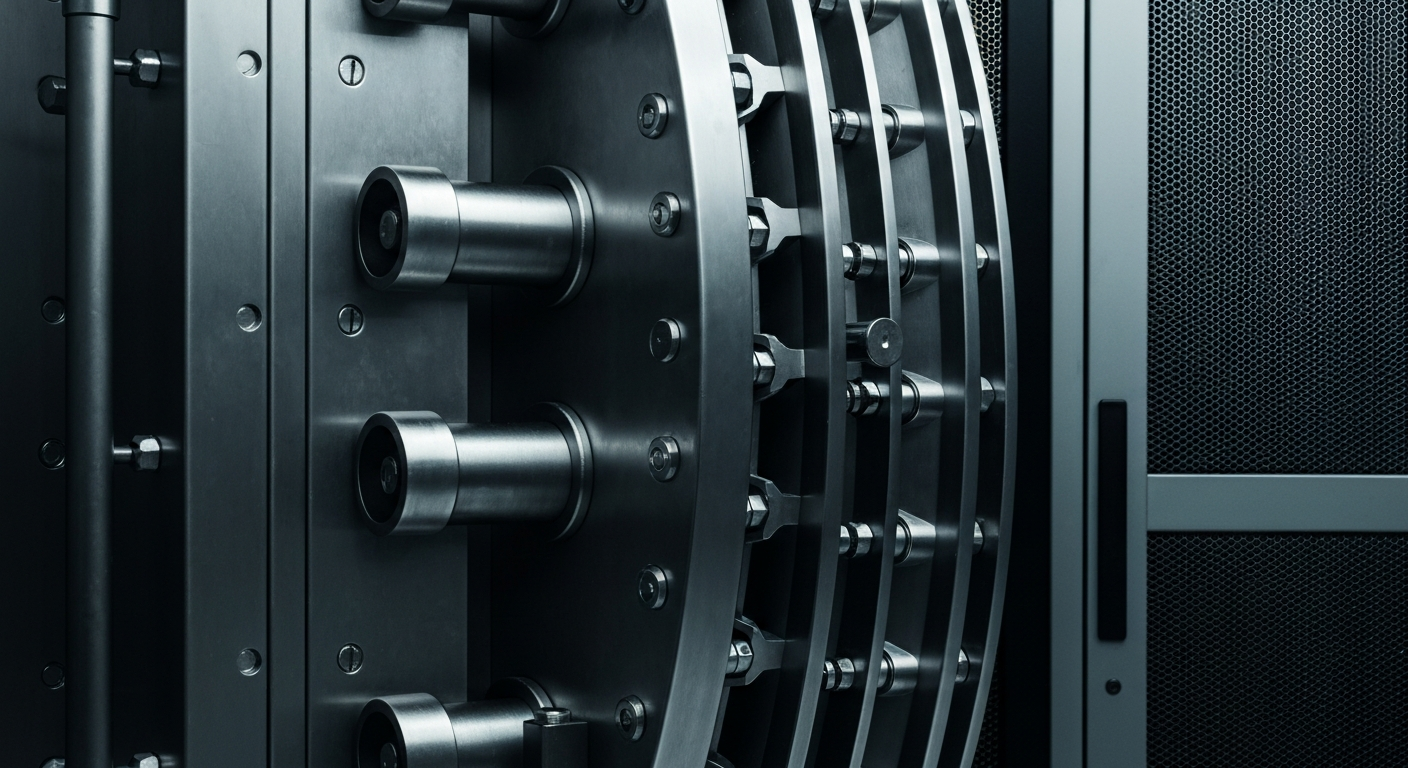 An extreme close-up photograph of heavy, industrial banking equipment and machinery, such as vault doors, cash counting machines, and server racks, captured in dramatic, high-contrast lighting to convey a sense of institutional power and the tangible mechanics of modern finance.