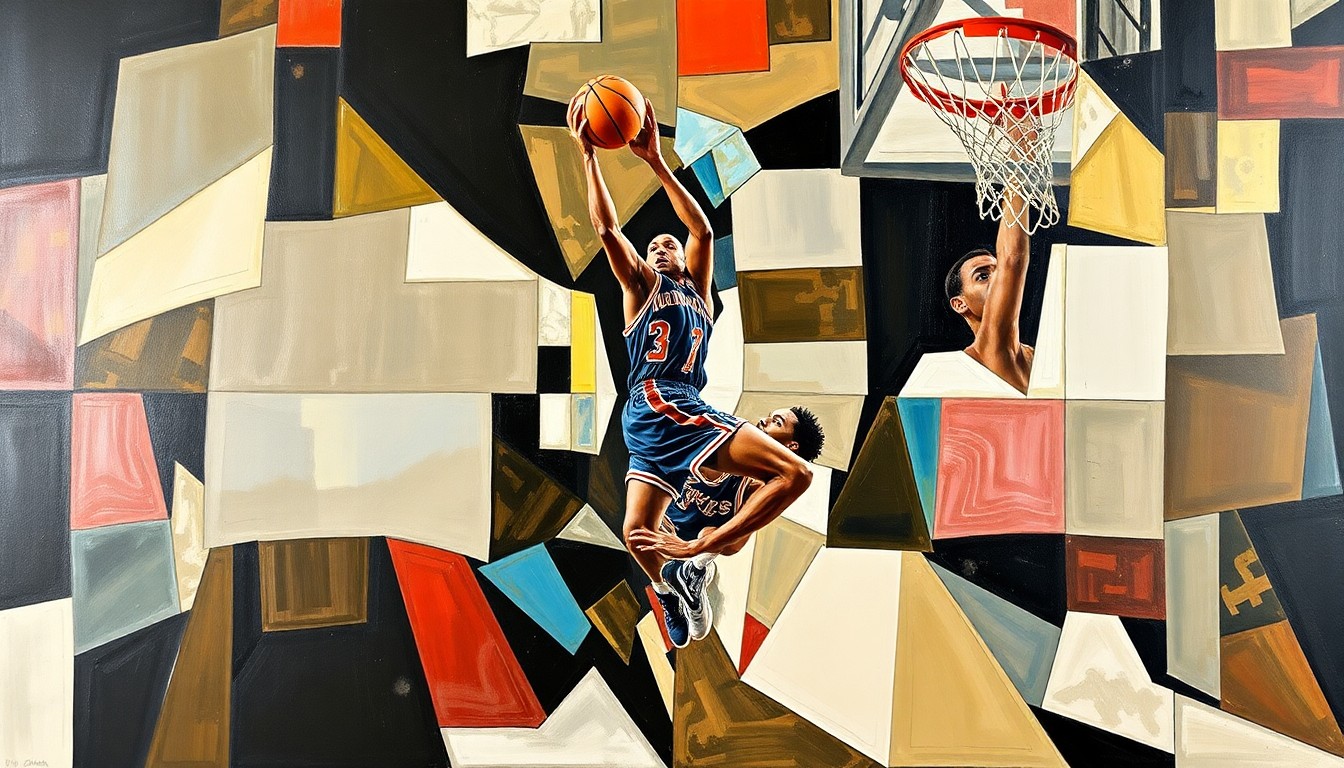 A fragmented, geometric painting depicting a basketball player driving to the hoop, the figure broken down into sharp, overlapping planes of color and form.