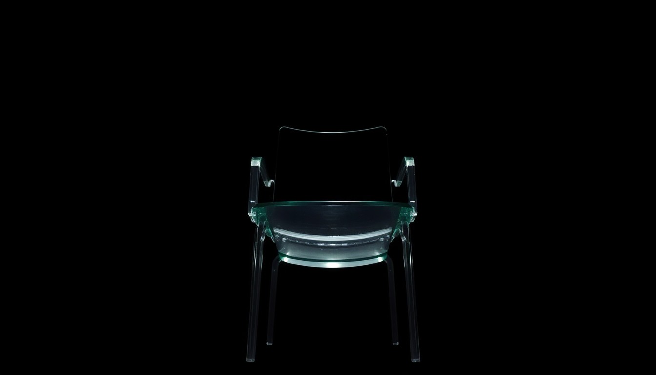 An extreme close-up photograph of a single glass-based chair from the Oklahoma City National Memorial, lit by a harsh, direct camera flash against a pitch-black background, conceptually representing the somber and investigative nature of remembering this tragic act of domestic terrorism.