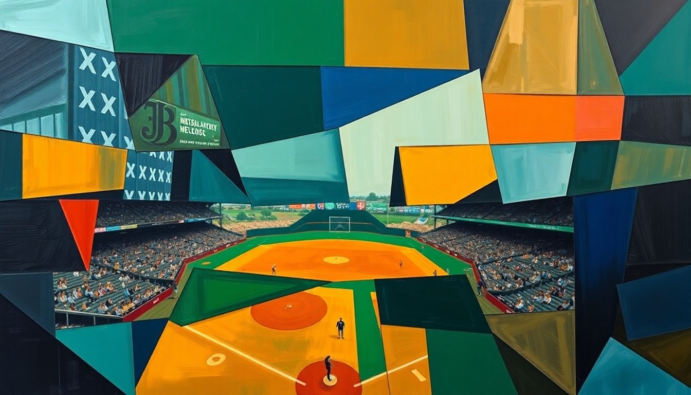 A cubist, geometric painting depicting a baseball game or match, with the players and field broken down into sharp, overlapping planes of navy, green, and orange, capturing the dynamic energy of the sport.
