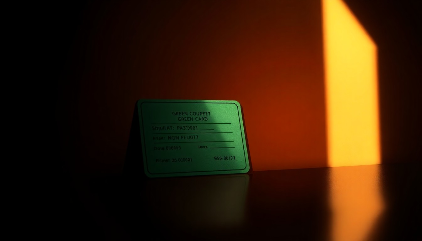 An extreme close-up of a green card document partially obscured by shadows, conceptually illustrating the legal complexities surrounding the rights of lawful permanent residents.