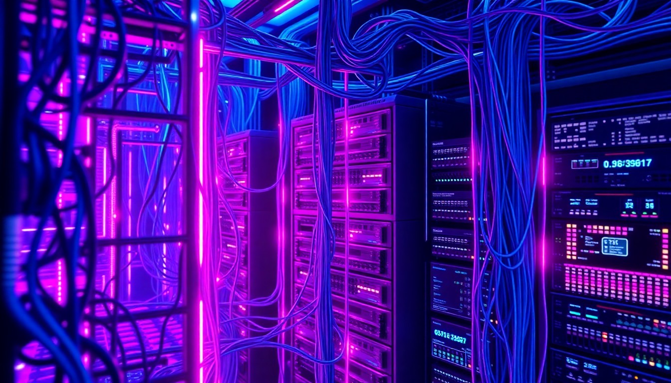 A highly detailed, glowing 3D illustration of a complex network of interconnected cables, circuit boards, and data servers in shades of neon blue, purple, and magenta, conceptually representing the advanced, software-defined infrastructure powering modern live broadcasting.