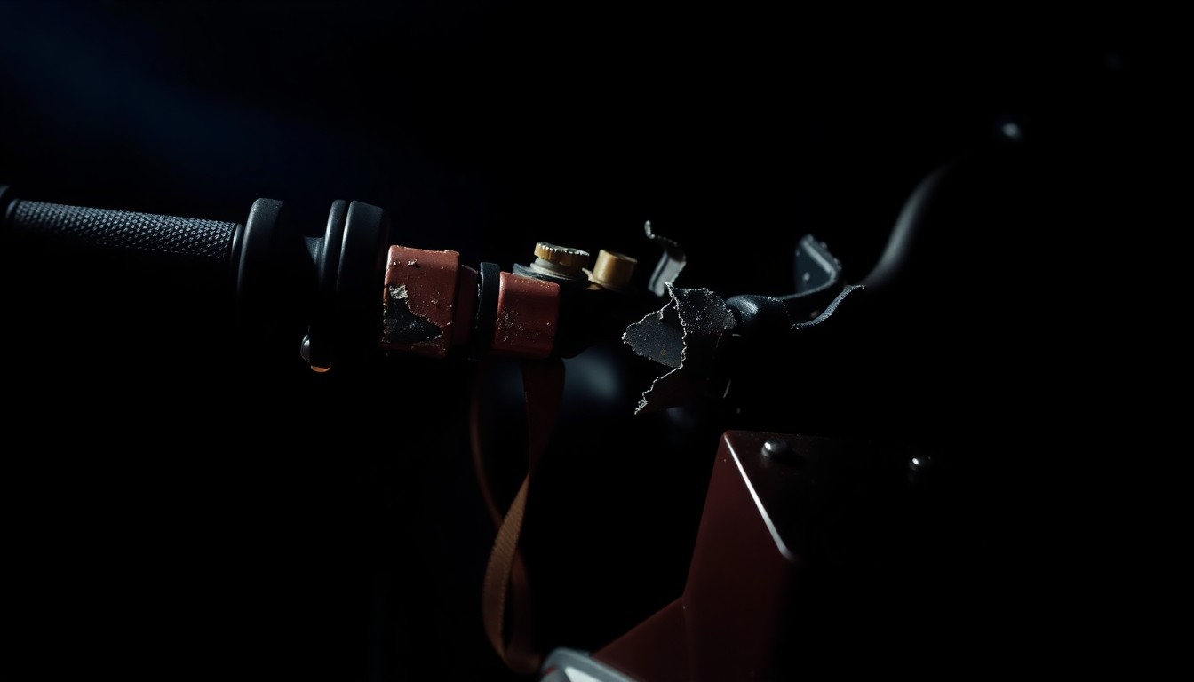 An extreme close-up photograph of a cracked and damaged ATV part, such as a broken handlebar or shattered plastic panel, lit by a harsh, direct camera flash against a pitch-black background, creating a stark, gritty, investigative aesthetic.