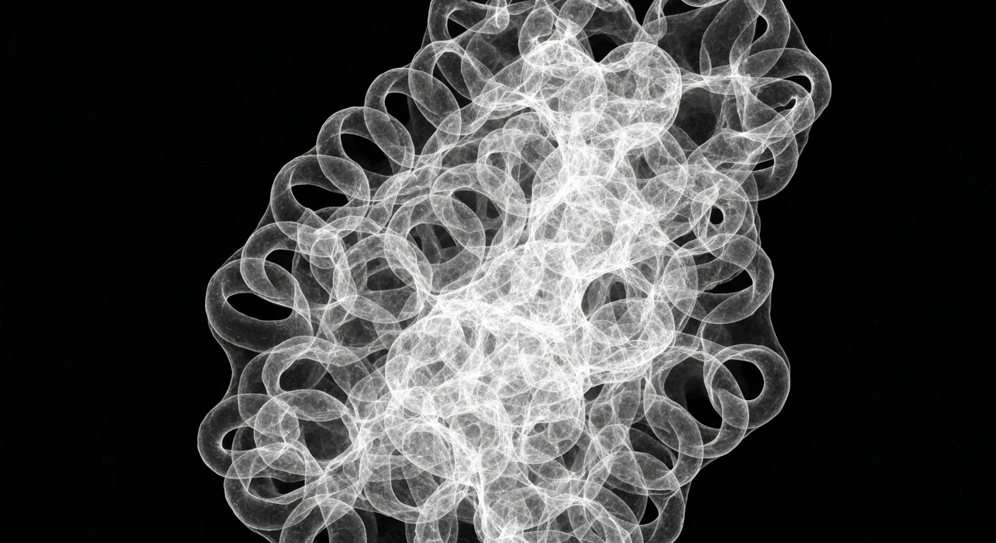 An abstract, ghostly X-ray image showing the molecular structure of the KRAS G12D protein, visualized as a complex network of glowing lines and shapes against a dark background.