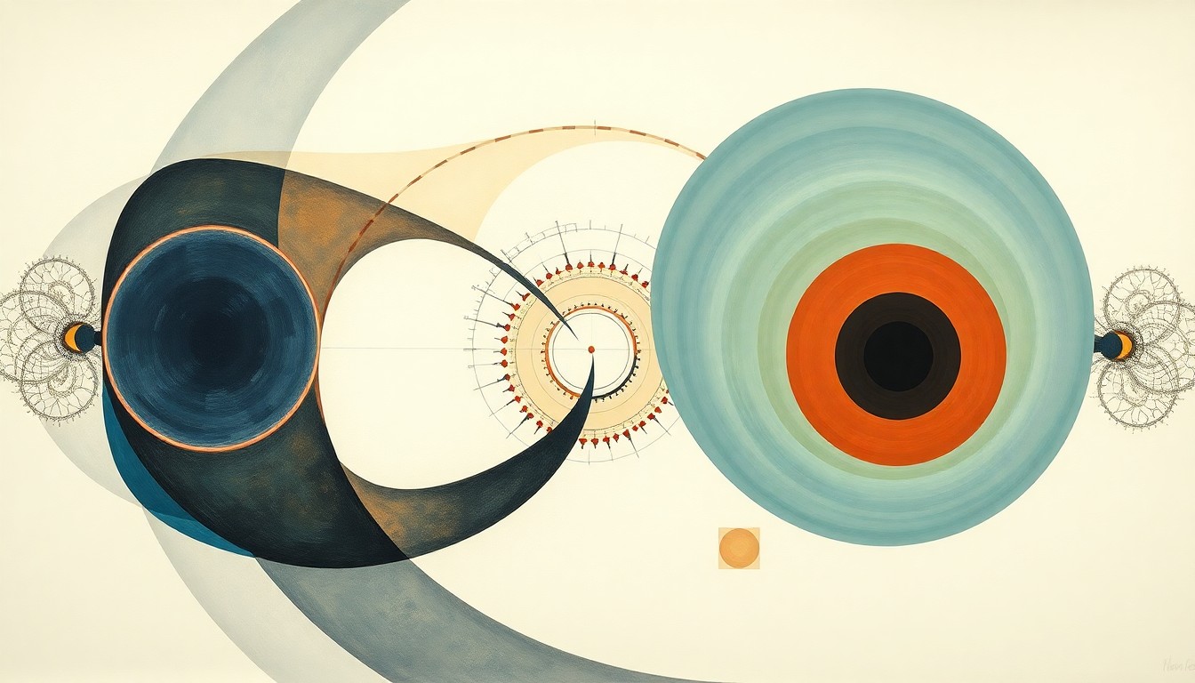 A bold, abstract painting in soft blues, greens, and grays depicting a complex, geometric molecular structure with sweeping arcs and concentric circles, representing the adaptable architecture of Synthetic Design Lab's next-generation cancer therapies.