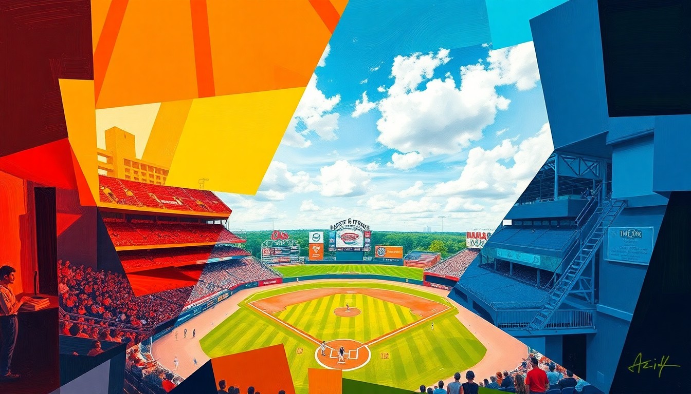 A cubist, geometric painting depicting a college baseball game, with sharp, overlapping planes of color representing the action on the field and the competitive spirit of the two teams.