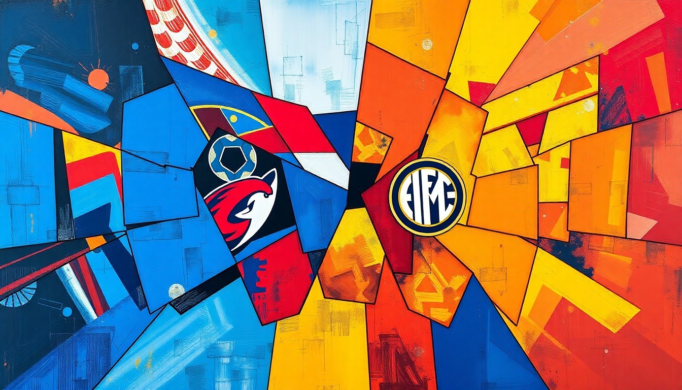 A dynamic, cubist-inspired illustration depicting the Colorado Rapids vs Inter Miami soccer match, with the players and field fragmented into sharp, overlapping geometric shapes in vibrant colors, capturing the energy and excitement of the record-breaking crowd.