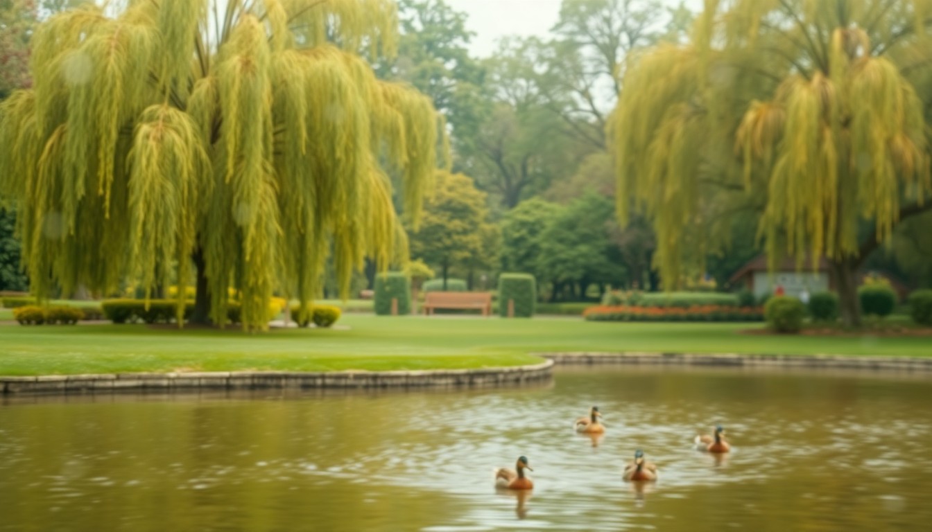 An abstract, impressionistic photograph of a lush, park-like landscape with weeping willows, ornamental trees, and a large pond, captured in soft, warm tones and hazy, out-of-focus details, conveying a sense of tranquility and natural beauty.