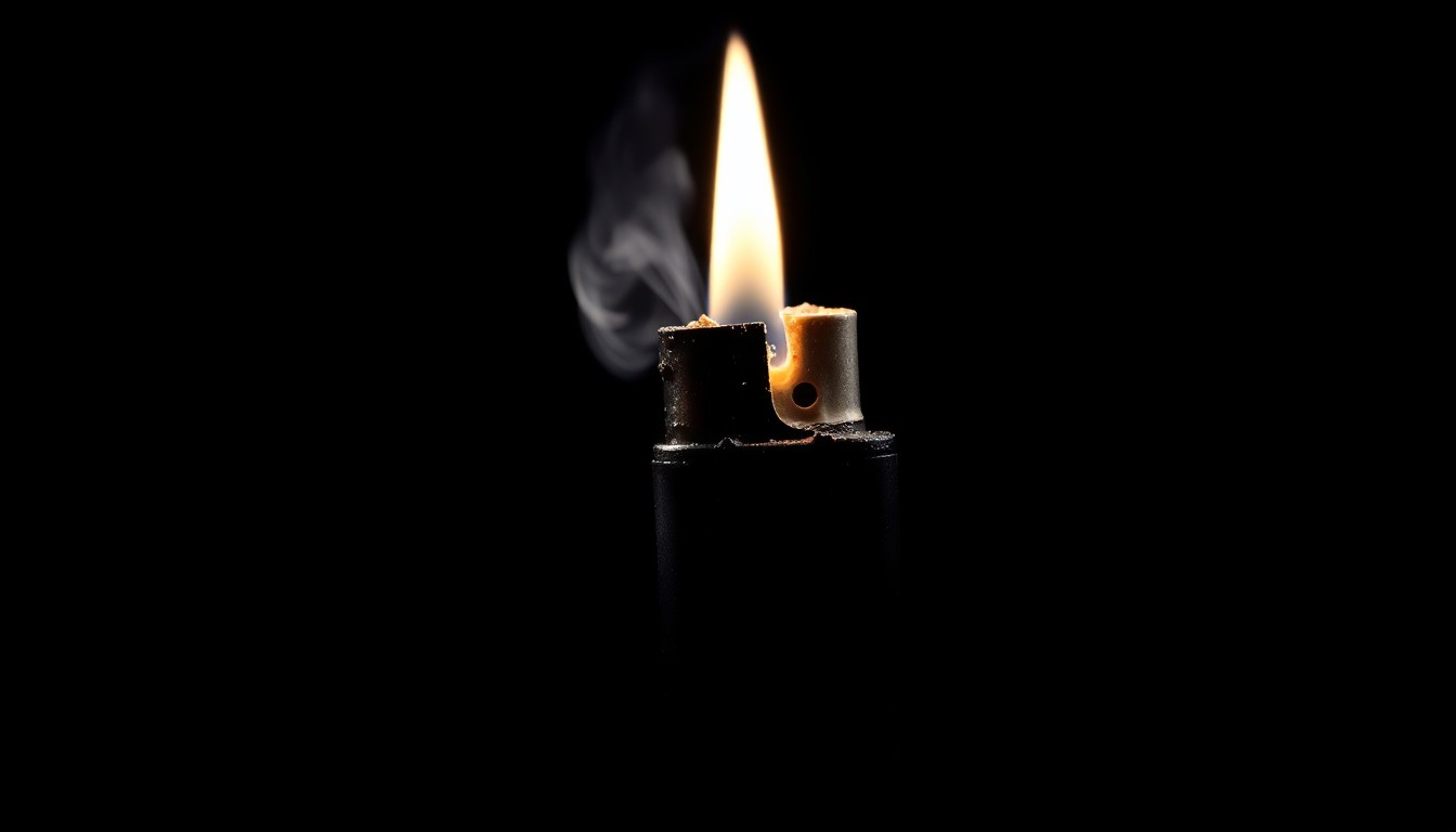 An extreme close-up of a melted, blackened plastic lighter against a stark black background, conveying the gritty aftermath of a suspected arson incident.