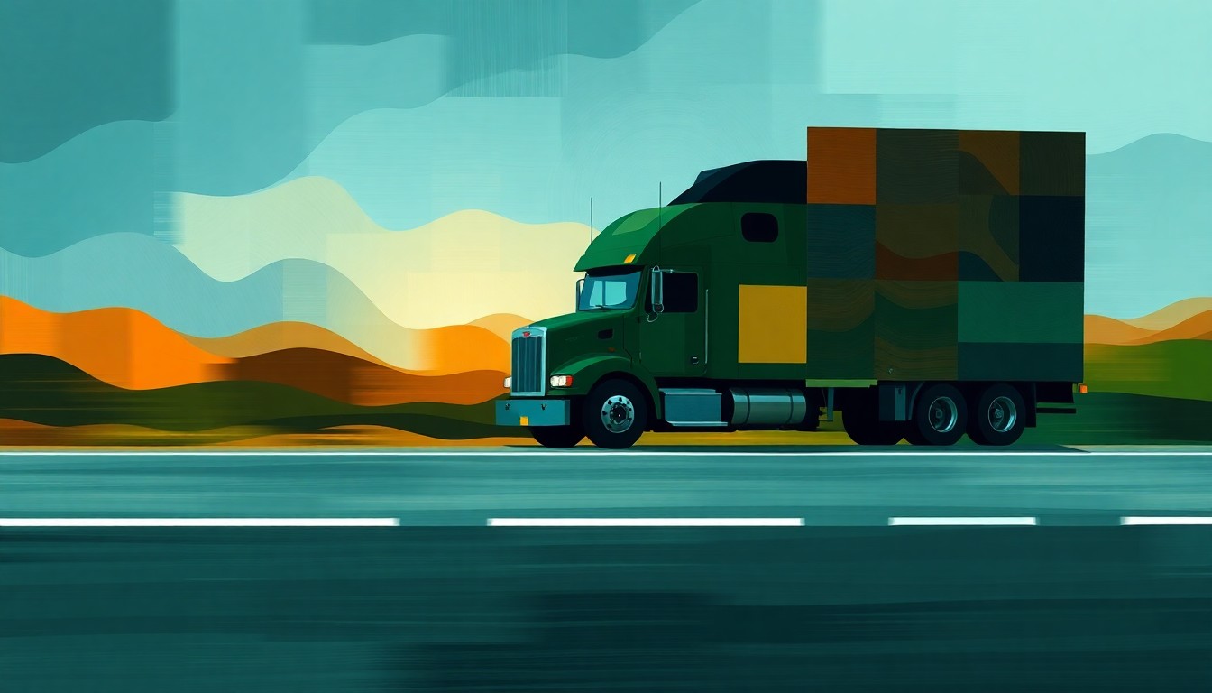 A dynamic, abstract painting of a semi-truck in motion, with overlapping geometric shapes and brushstrokes in shades of blue, green, and orange, conceptually representing the clash between state and federal transportation regulations.