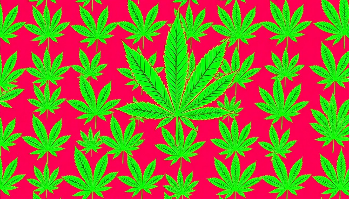 A bold, colorful silkscreen-style illustration of a single marijuana leaf repeated in a grid pattern, conceptually representing the legal complexities around cannabis possession and transportation.