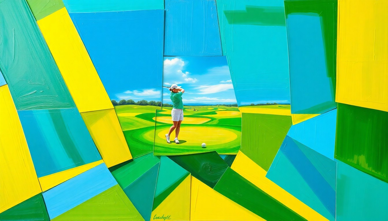 A cubist, geometric painting featuring overlapping planes of bright green, blue, and yellow, conceptually representing the increased financial support and growth of the LPGA Tour.