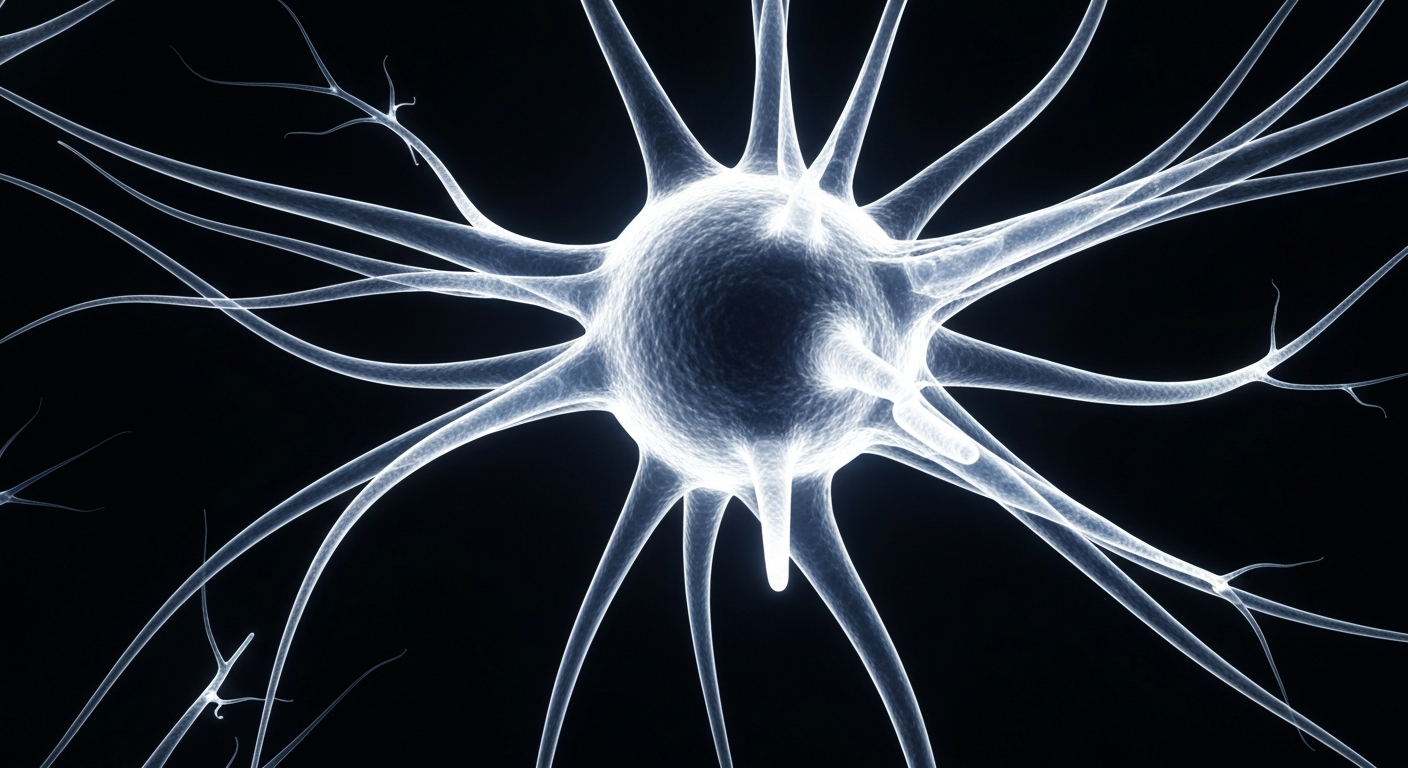 An extreme close-up X-ray image revealing the intricate internal structure of a human brain neuron, with glowing, ghostly lines against a dark background, conceptually illustrating the novel mechanism of action of the anti-seizure medication azetukalner.