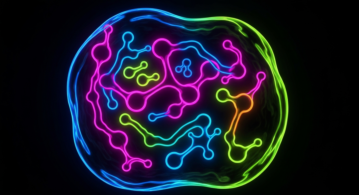A minimalist design in the style of Keith Haring where the outline of a biological structure is defined entirely by glowing, vibrant neon lines against a dark background, emphasizing the internal mechanisms of a cancer treatment technology.