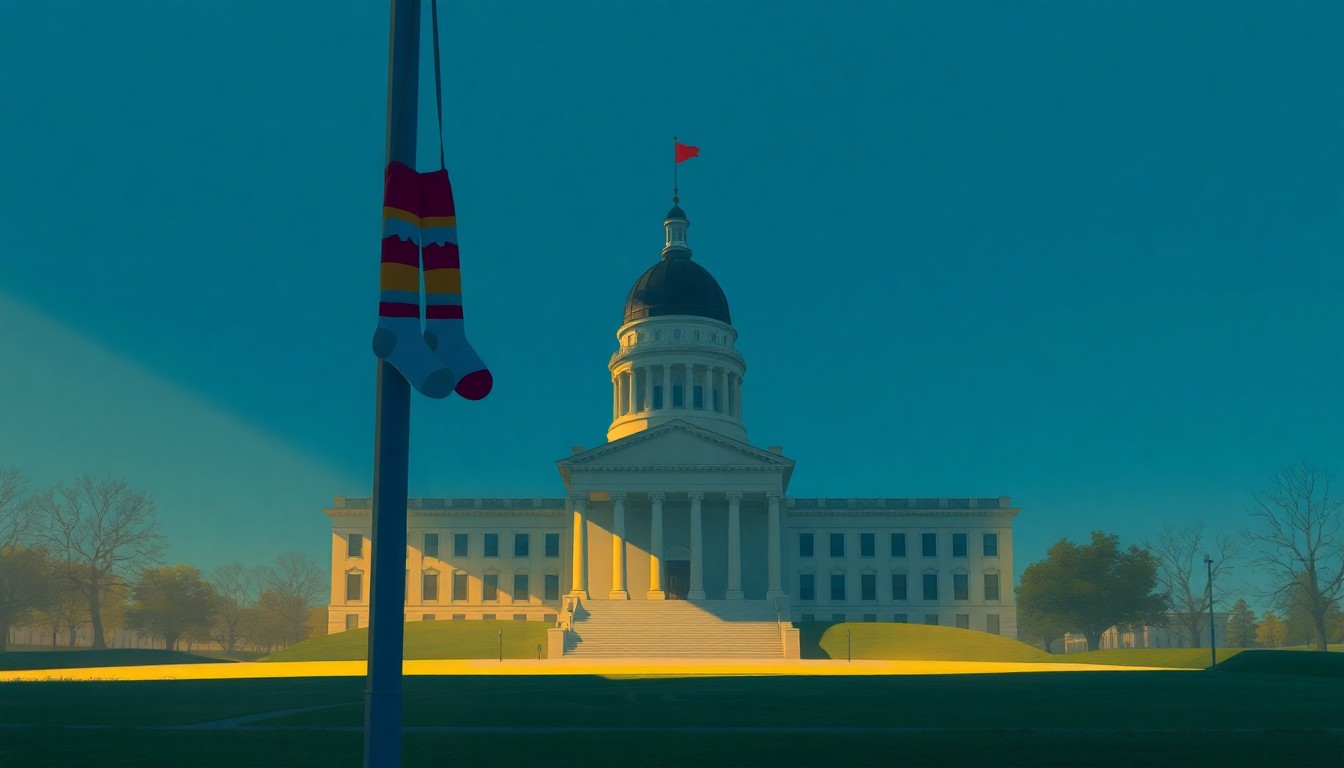 A cinematic painting depicting the Iowa state capitol building in warm, golden light, with a pair of brightly colored socks hanging from the flagpole in the foreground, conceptually representing the joy and camaraderie of the Crazy Sock Day tradition.