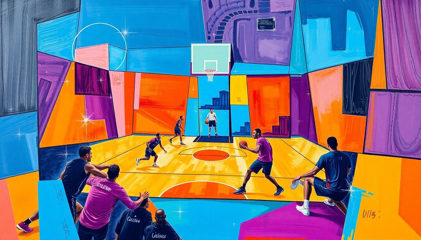 A fractured, cubist-style painting depicting a basketball player making a dynamic pass, the court and players broken down into sharp, overlapping geometric shapes in a vibrant color palette.