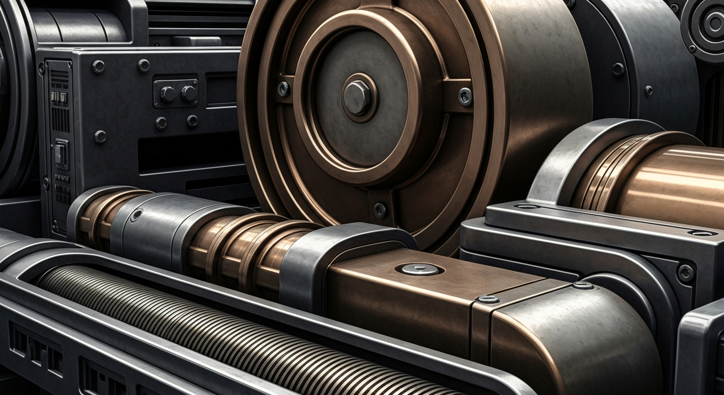 A cinematic close-up of intricate, metallic banking equipment and mechanisms, conveying a sense of the tangible, physical infrastructure underlying financial markets.