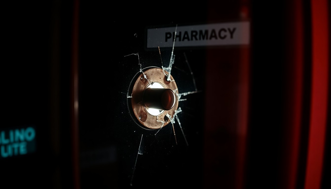 An extreme close-up of a broken pharmacy window lock, reflecting a harsh, direct flash of light, conceptually illustrating the aftermath of a property crime incident.