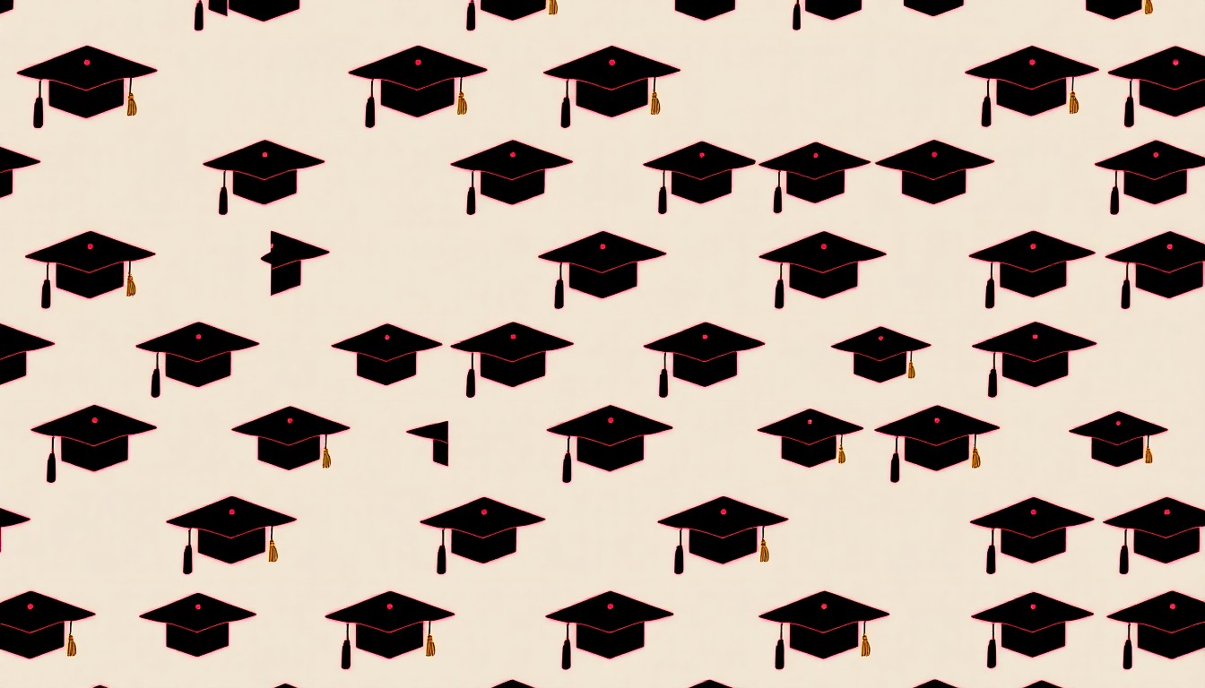 A brightly colored, high-contrast silkscreen print of a graduation cap icon repeated in a tight grid pattern, utilizing flat, vibrant, and unnatural neon color palettes overlapping with heavy black photographic outlines to turn an everyday symbol of higher education into modern pop art.