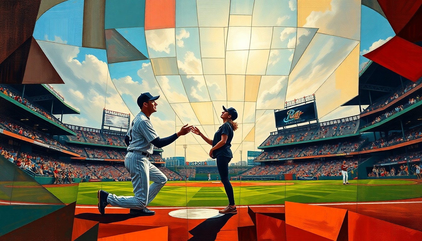 A cubist-style painting featuring overlapping geometric shapes and planes that abstractly represent a baseball player proposing to his partner on a baseball field, conveying the emotion and energy of the special occasion.