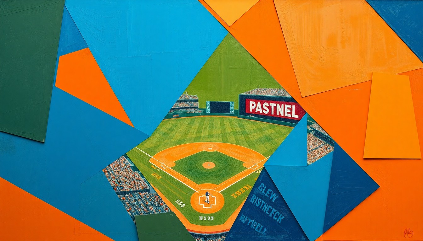 A fragmented, geometric painting depicting a baseball game, with sharp planes of color and overlapping perspectives, conveying the intensity and unpredictability of the game.