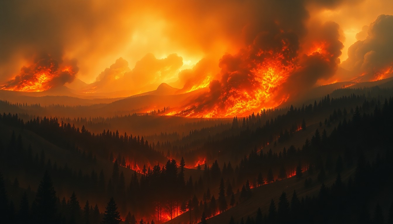 A sweeping, atmospheric landscape painting in muted earth tones, with a massive wildfire consuming a dense forest in the distance, the flames and smoke dwarfing any visible structures or human figures.