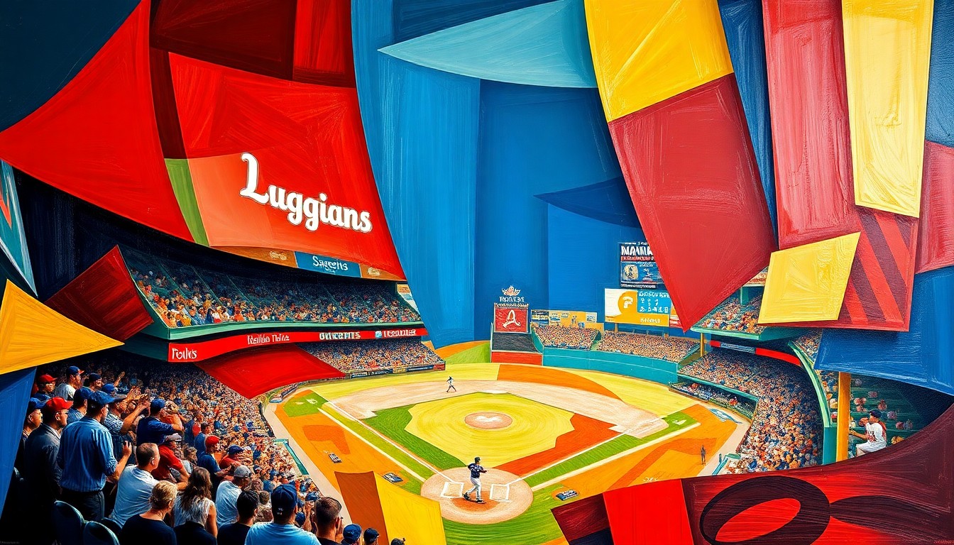 A fragmented, geometric painting depicting a baseball game, with sharp planes of color and overlapping perspectives conveying the dynamism of the sport.