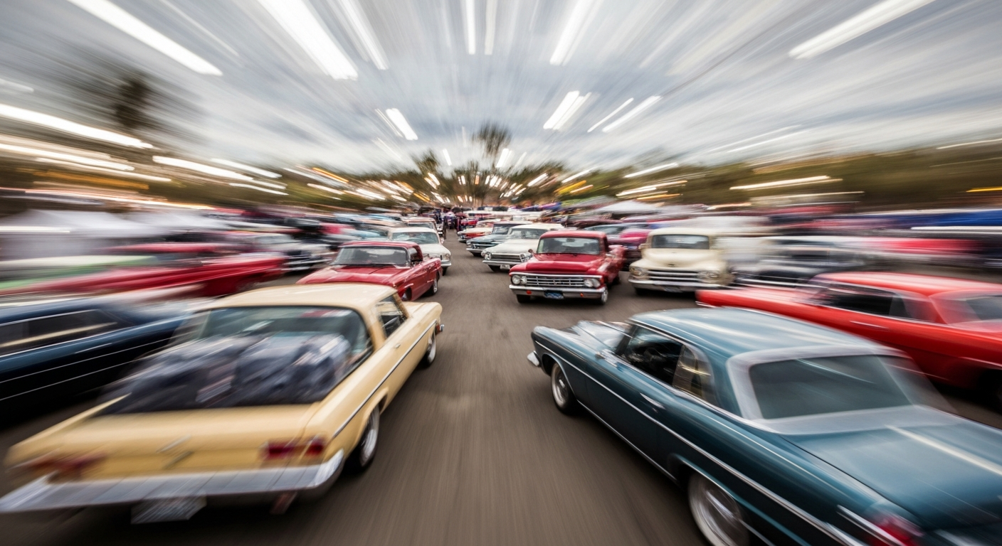 An abstract, colorful image created through motion blur, depicting a group of classic cars and trucks in motion at the New Mexico Motorfest event, conveying the energy and excitement of the automotive celebration.