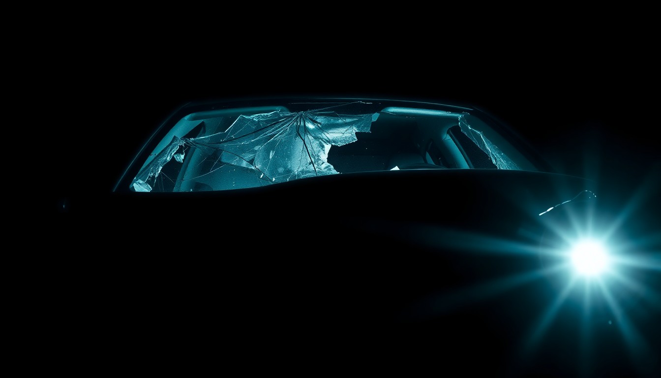 An extreme close-up photograph of a car's shattered windshield and crumpled hood, lit by a harsh, direct camera flash against a pitch-black background, conceptually illustrating the grim aftermath of a fatal accident.