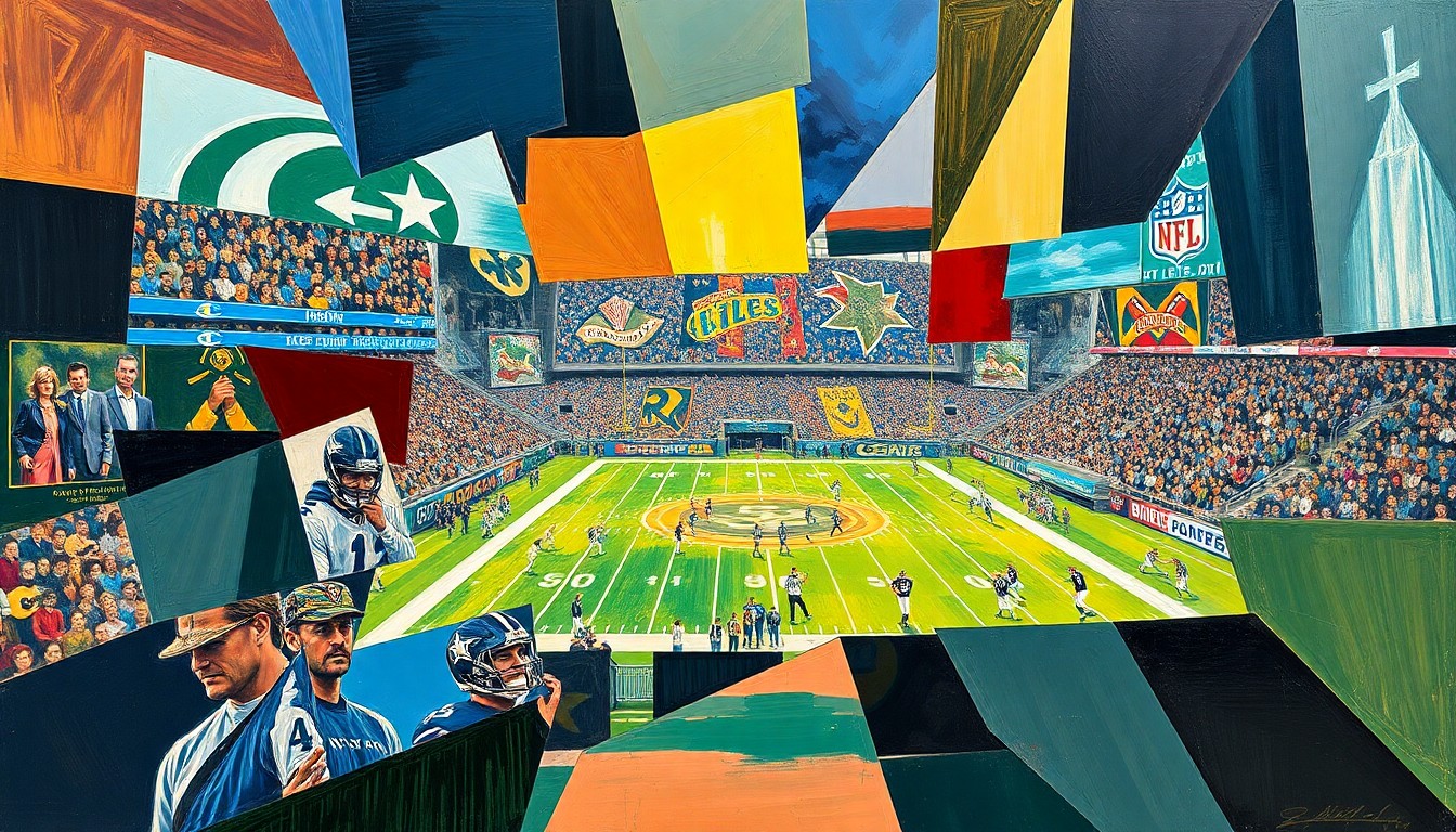 A cubist, geometric painting depicting fragmented football players and draft prospects, representing the uncertainty the Cardinals face in translating college talent to their evolving offensive scheme.