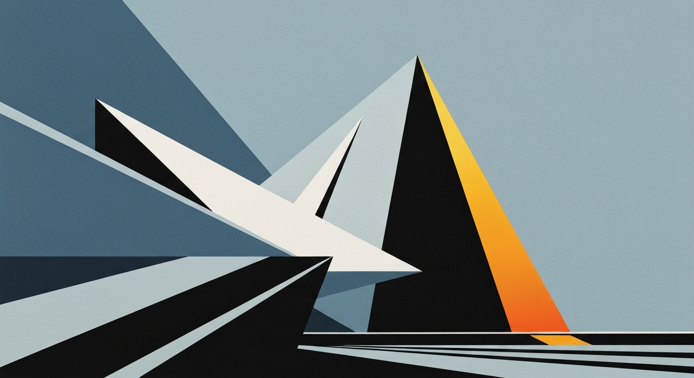 A highly stylized, geometric illustration in shades of blue, grey, and silver, depicting the sweeping, monumental form of a train station with no visible text or people, conveying the functional importance of public transit infrastructure.