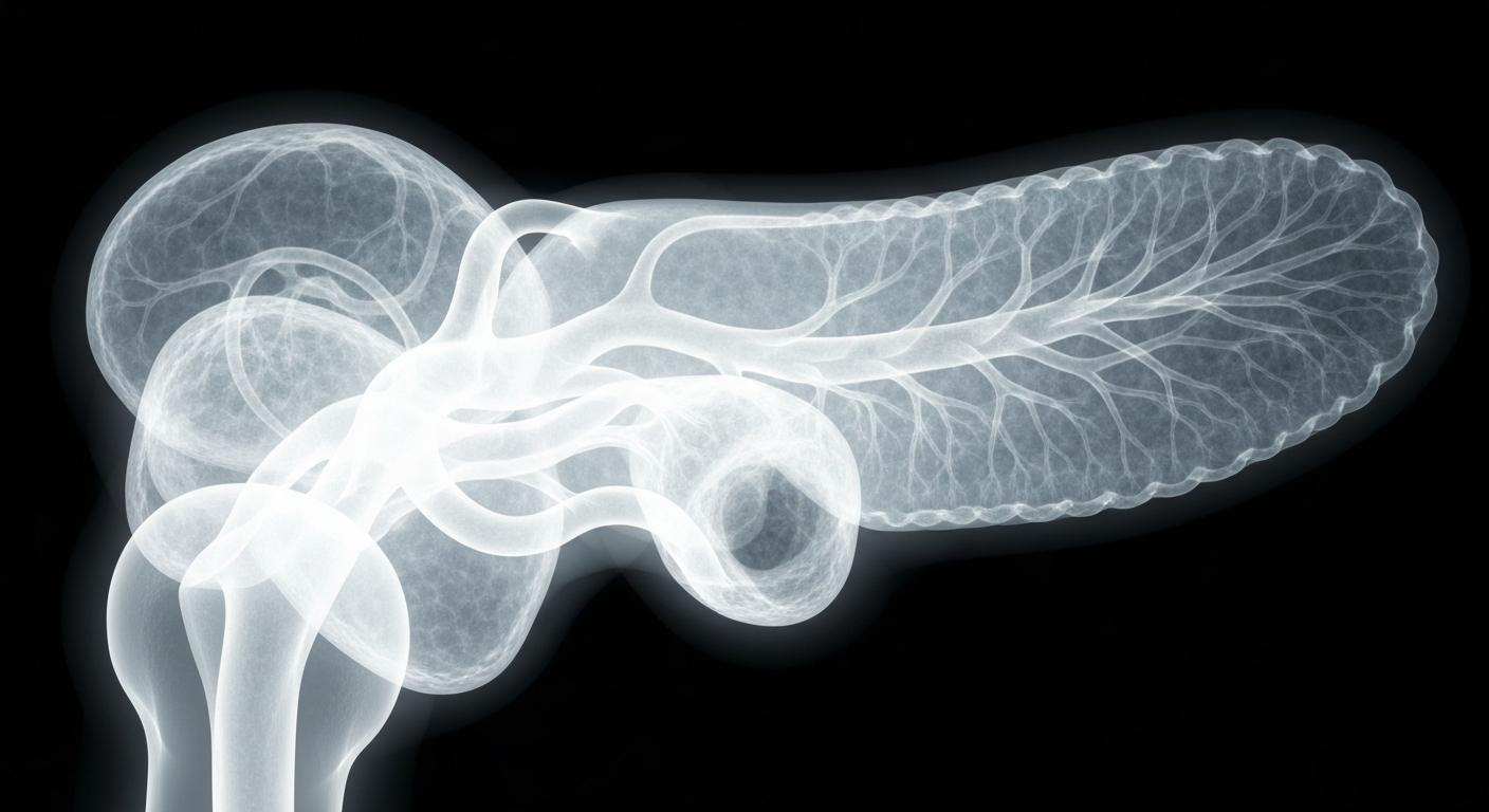 A translucent, ghostly X-ray image of the human pancreas, revealing its complex internal structure in shades of white and grey against a dark background, symbolizing the challenges of pancreatic cancer research.