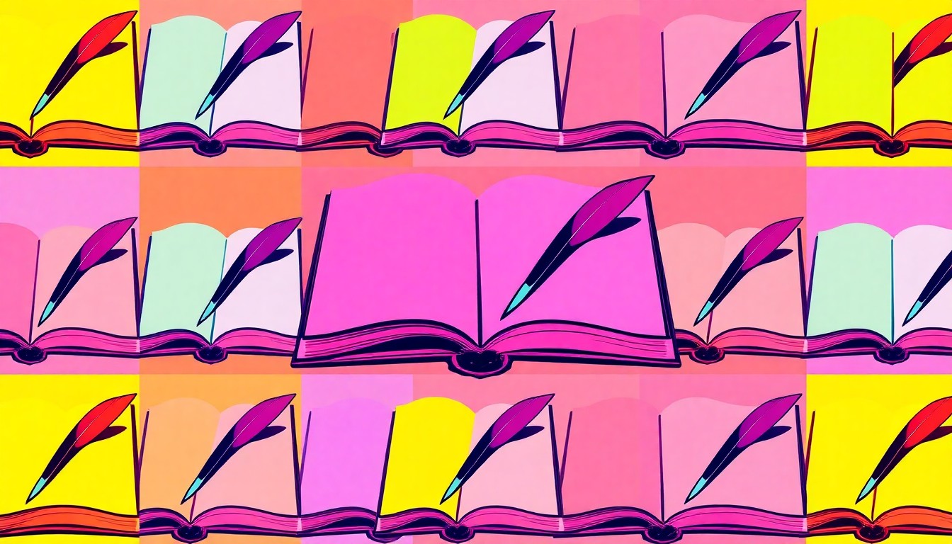 A brightly colored, high-contrast silkscreen print of an open book with a quill pen, repeated in a tight grid pattern, conceptually representing the iconic symbols of education and learning transformed into modern pop art.