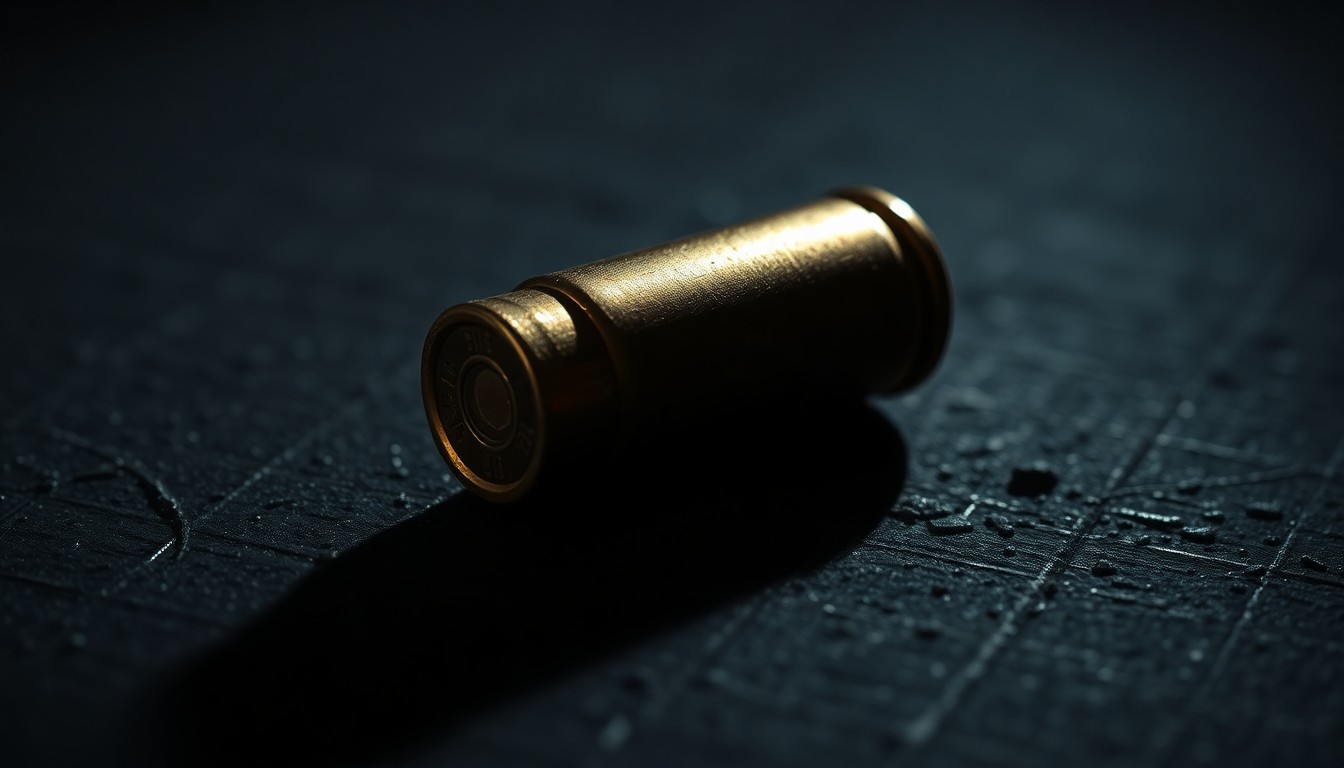 An extreme close-up of a spent bullet casing on a dark, textured surface, lit by a harsh, direct camera flash, conceptually representing the investigation into a tragic shooting incident.
