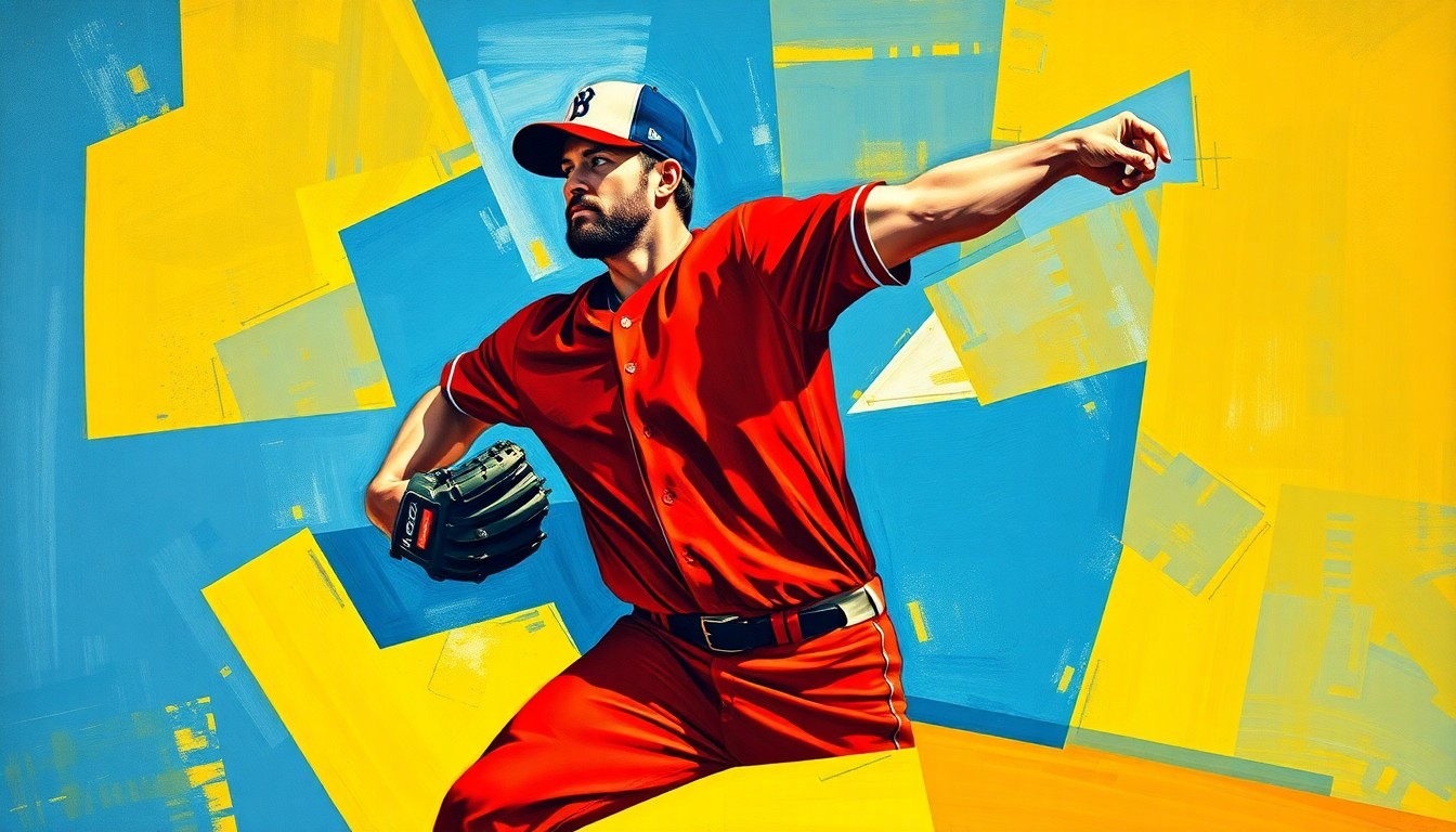 A fractured, geometric painting depicting a baseball pitcher's motion broken down into sharp, overlapping planes of color, conveying the dynamic athleticism of the sport.