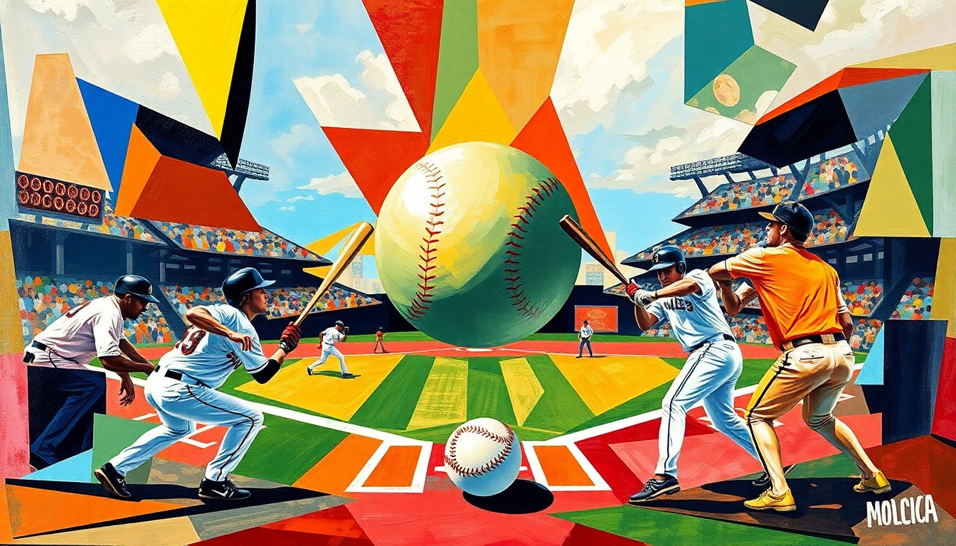 A fragmented, geometric painting depicting a baseball game in motion, with the ball, bats, and players rendered as angular, overlapping shapes in a vibrant color palette.