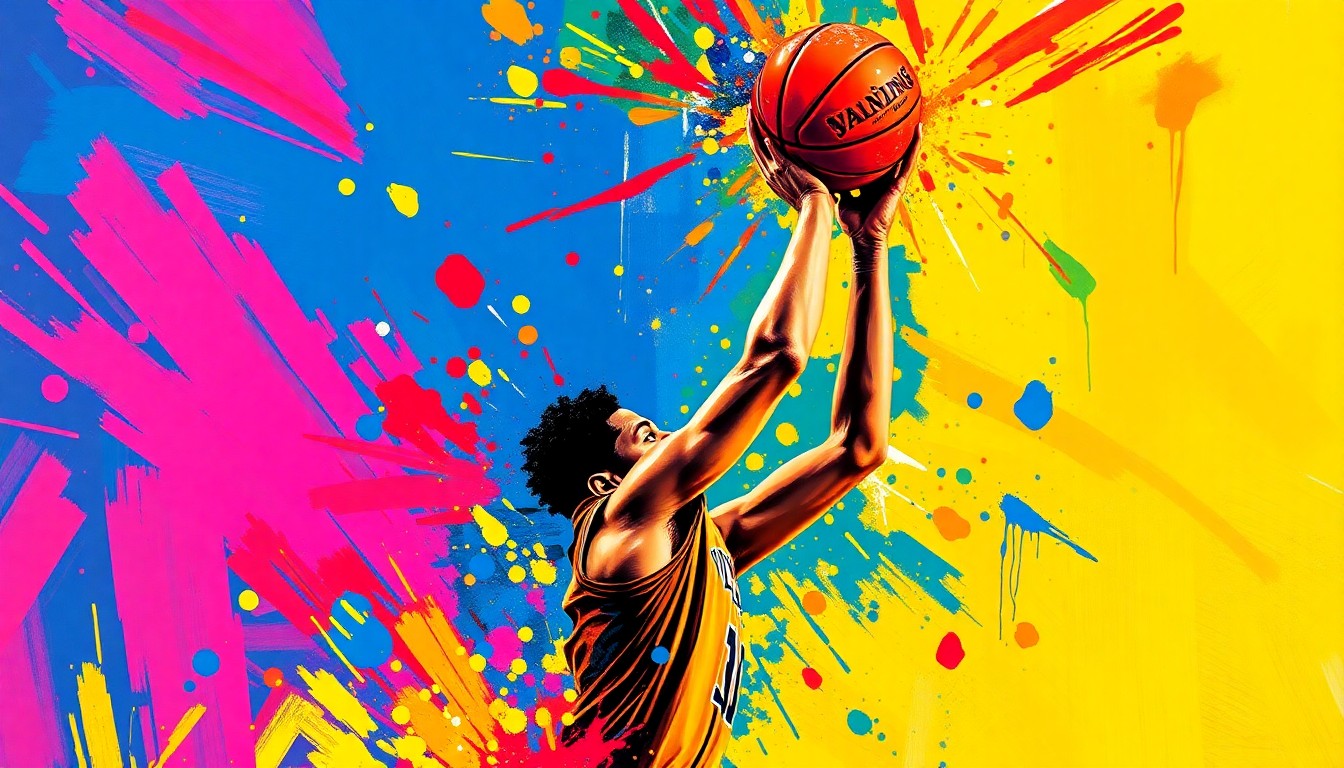 An abstract, expressionist painting depicting the explosive energy and motion of Jayson Tatum as he shoots a 3-pointer, the ball's arc and release dissolving into vibrant, neon-colored brushstrokes.