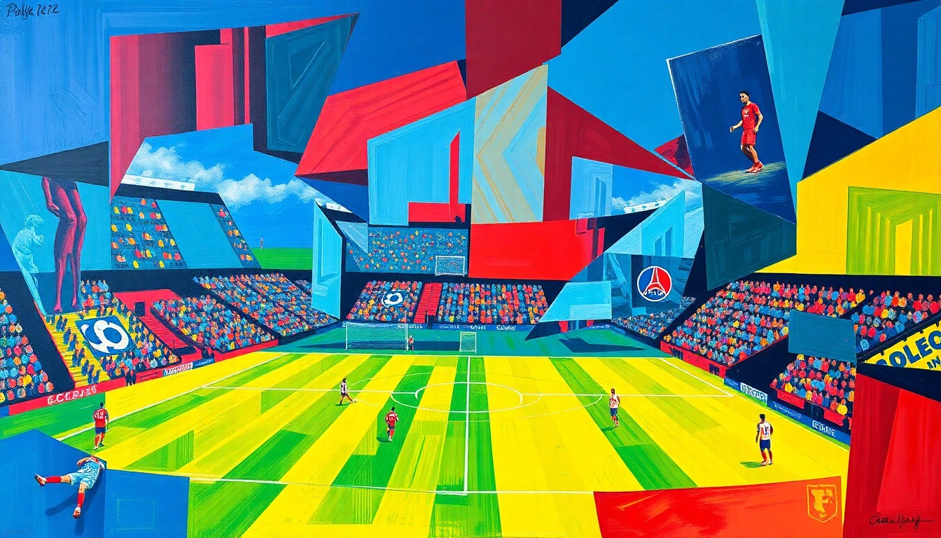A cubist, geometric painting depicting a Ligue 1 football match between Lyon and Paris Saint-Germain, with overlapping planes of color and abstracted player movements.