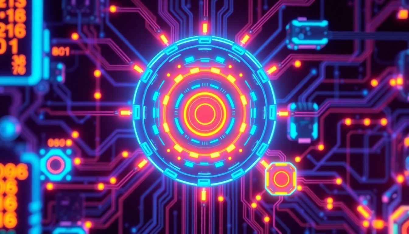 A highly detailed 3D illustration of glowing, interconnected cybernetic hardware components in shades of neon blue, purple, and orange, conceptually representing the complex infrastructure powering enterprise-grade AI systems.