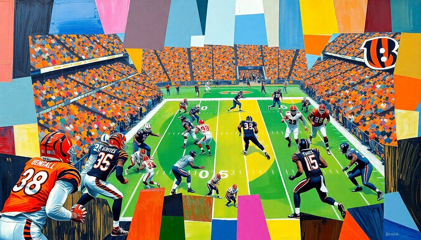 A fractured, geometric painting depicting a football game, with sharp planes of color representing the players and action on the field.