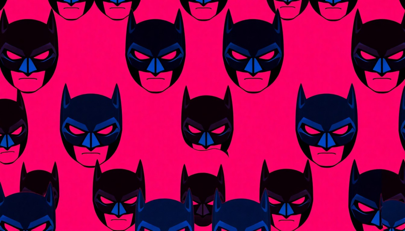 A bold, colorful silkscreen print featuring a repeating pattern of a stylized superhero mask or emblem in bright neon shades, conceptually representing the empowering presence of these volunteer heroes in the lives of Ohio's children.