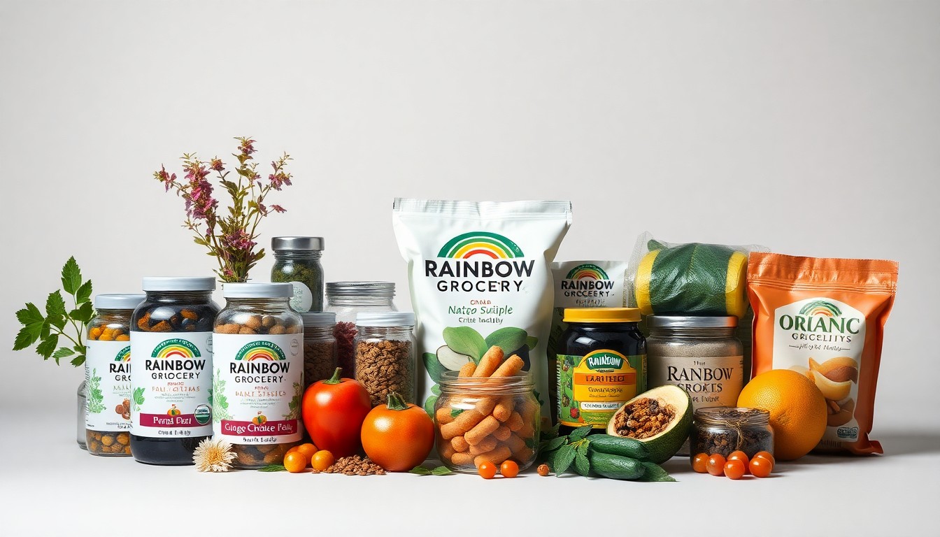 A high-end, photorealistic studio still-life photograph featuring a collection of premium natural food and wellness products from Rainbow Grocery Cooperative, including glass jars of herbal supplements, organic produce, and artisanal vegan snacks, all arranged elegantly on a clean, monochromatic seamless background. The objects use sharp, dramatic studio lighting and deep shadows to represent Rainbow's commitment to community-oriented, environmentally conscious retail.