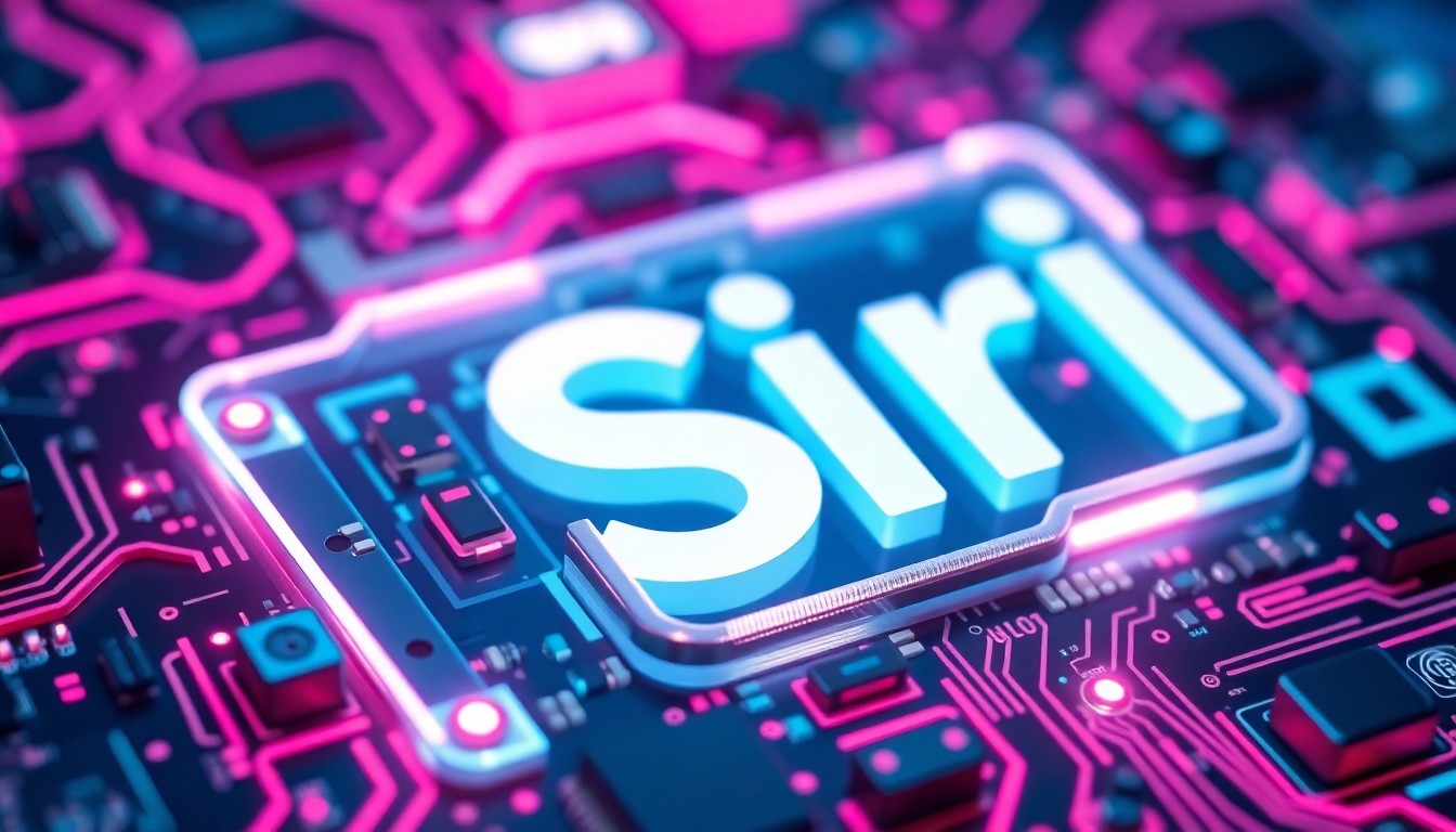 A highly detailed, glowing 3D illustration of a futuristic Siri interface, with intricate digital components and hardware elements illuminated by vibrant neon lights, conceptually representing the technological advancements behind Apple's virtual assistant.