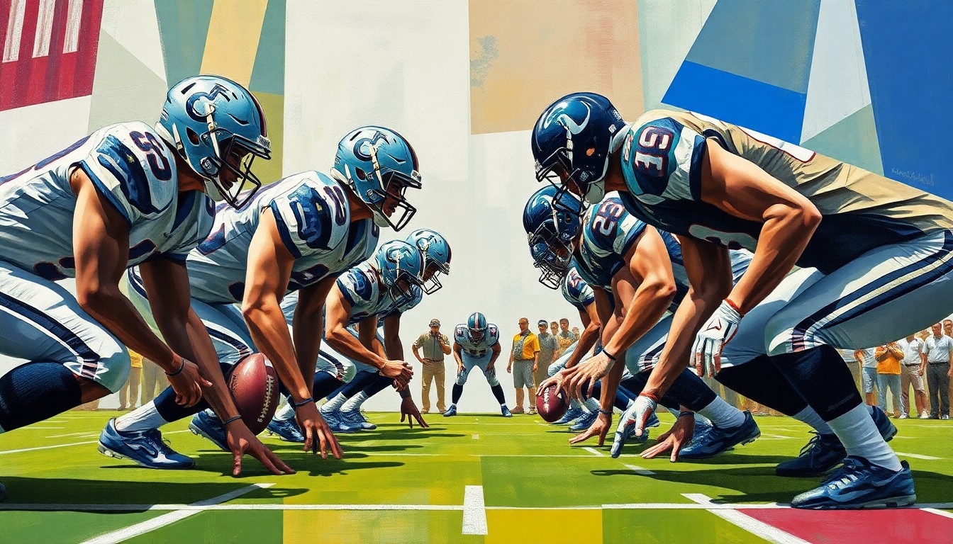 A fragmented, geometric painting depicting the dynamic movement and tension of a football offensive line, with the players' forms broken down into sharp, overlapping planes of color and shape.