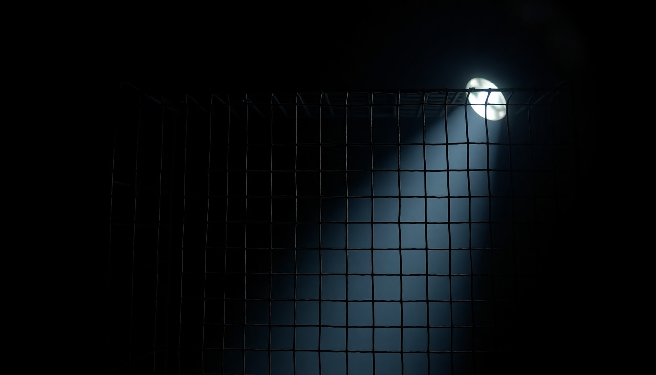 An extreme close-up photograph of a metal cage or wire mesh enclosure, lit by a harsh, direct camera flash against a pitch-black background, creating a stark, gritty, investigative aesthetic that conceptually represents the contentious situation at the beagle breeding facility.
