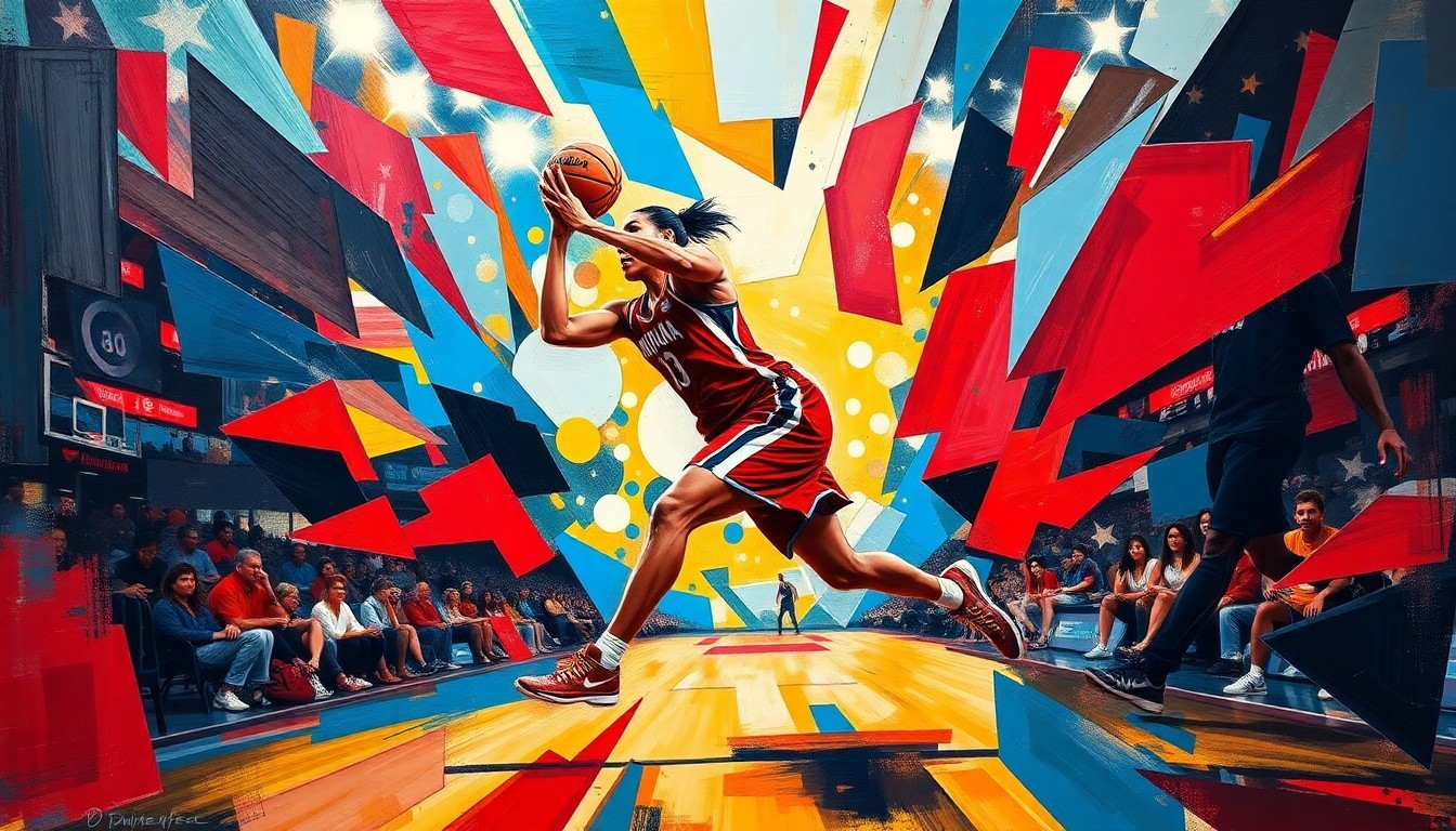A cubist, geometric painting depicting the dynamic movements and energy of a basketball player on the court, with vibrant colors representing the Indiana Fever team.